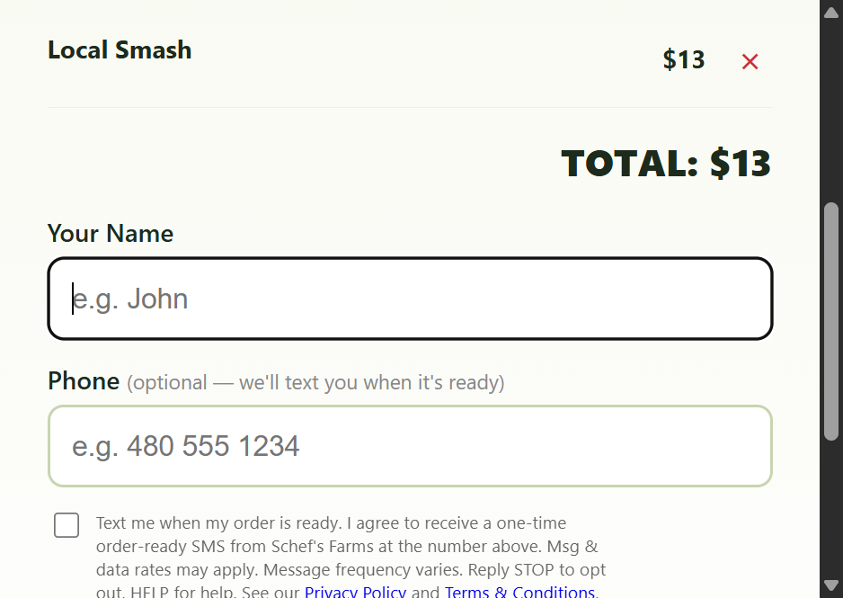 Schef's Farms order screen showing SMS consent checkbox